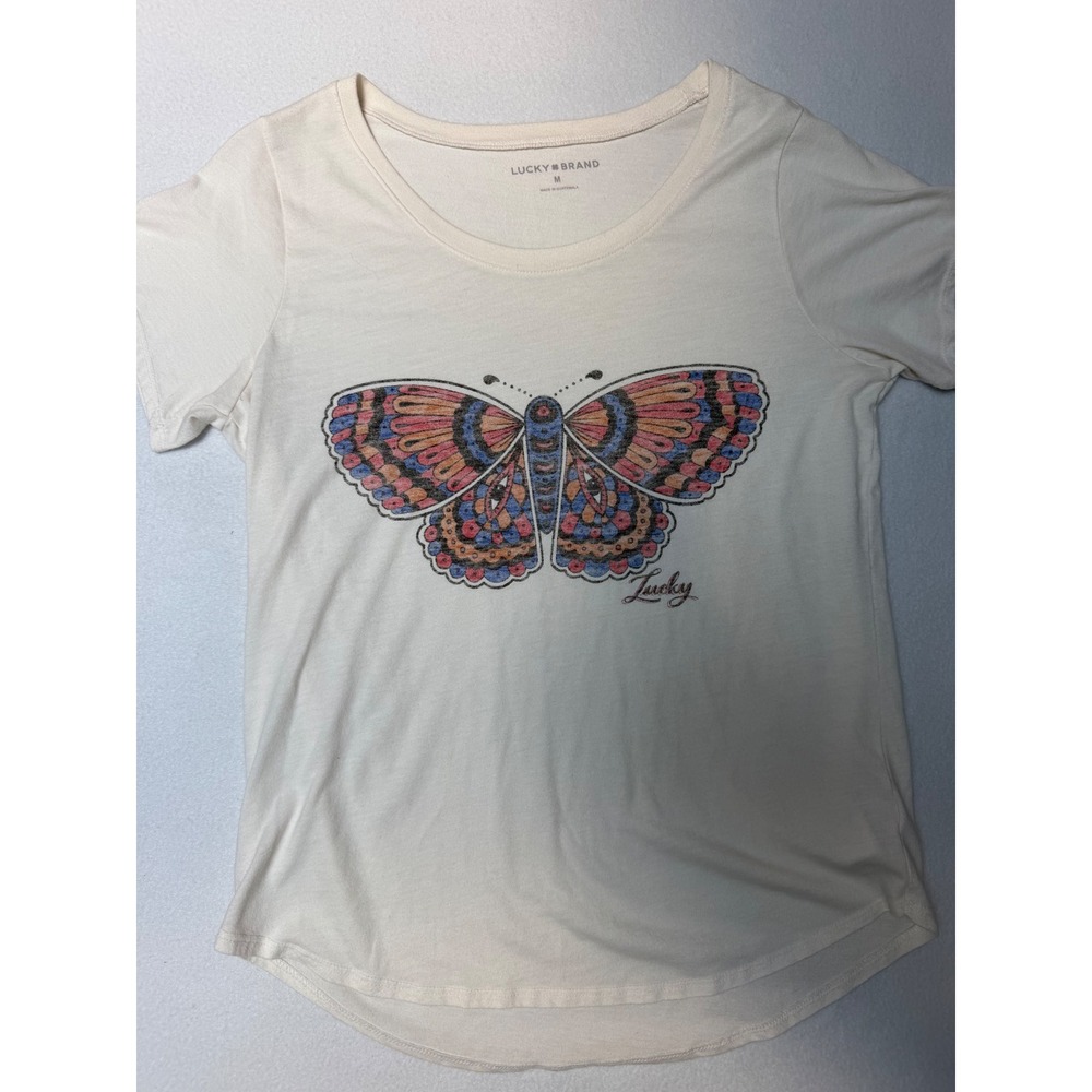 Lucky Brand Womens Butterfly Graphic Tee Cream Short Sleeve Scoop Neck Shirt M